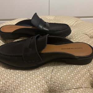 Lucky Brand Black Leather Penny-Loop Mules